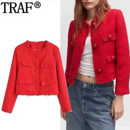 Damesbont Faux TRAF 2024 Rode crop-jas voor dames Textuur Cropped Tweed Vrouw met lange mouwen Elegante damesjassen Herfst korte jassen 231205
