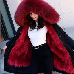 Veste d'hiver en fausse fourrure pour femmes, imperméable, véritable manteau long, col en raton laveur naturel, grande taille, Parkas chauds et épais pour femmes