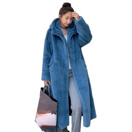 Femmes fourrure Faux hiver manteau femmes lapin cheveux coréen à capuche Imitation vison longue veste ample épais chaud 221122