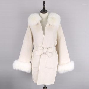 Chaqueta de invierno sintética de piel para mujer, abrigo Real de mezcla de lana de Cachemira con cuello Natural, ropa de calle de gran tamaño 2022