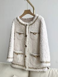 Veste d'hiver en fausse fourrure pour femmes, couleur unie, manteau réel décontracté, laine tricotée naturelle, épais et chaud, col rond, vêtements d'extérieur mode 231120