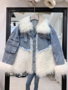 Damesbont faux winterjassen 2023 Echte jas natuurlijke wasbeer parka denim jas met streetwear dames single breasted