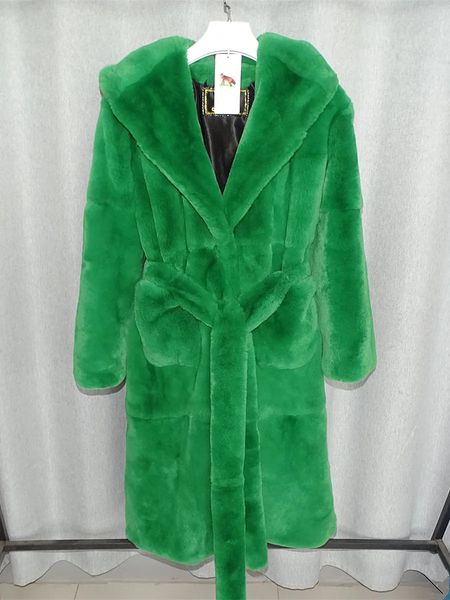 Женское зимнее пальто из искусственного меха с натуральным кроликом рекс, длинная женская одежда из натурального меха, зеленая 231013
