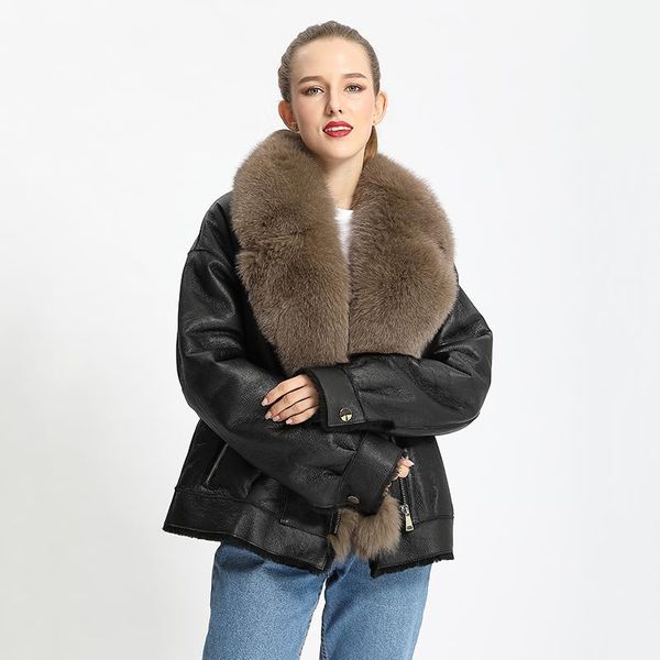 Femmes Fourrure Faux Hiver Court Veste En Cuir Noir Femmes Vrai Col Moto En Peau De Mouton Shearling Manteau MJF-SJ-14Femmes