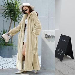 Manteau Rex ample à capuche en fausse fourrure pour femmes, Style d'hiver, tempérament de loisirs, européen et américain, Long, à la mode
