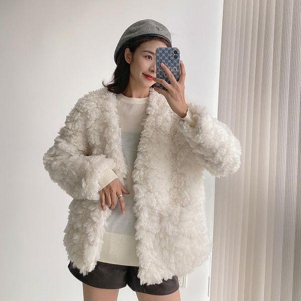 Femmes Fourrure Faux Hiver Femme Mode Épaissir Chaud En Peluche Teddy Veste Femme Col En V Manteau Casual Lâche Moelleux Agneau Cachemire Pardessus K133