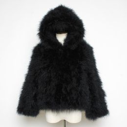 Veste d'hiver à capuche en fausse fourrure d'autruche pour femme, manteaux Sexy à la mode, plumes de dinde véritable, manteau noir court naturel