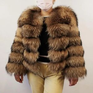 Femmes fourrure fausse femme hiver réel manteau naturel raton laveur argent à capuche chaud veste manteaux veste 231128