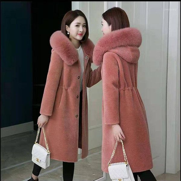 Femmes fourrure Faux femmes 2022 automne hiver vrai mouton cisaillé manteau femme naturel à capuche longue veste véritable laine décontracté pardessus Y545