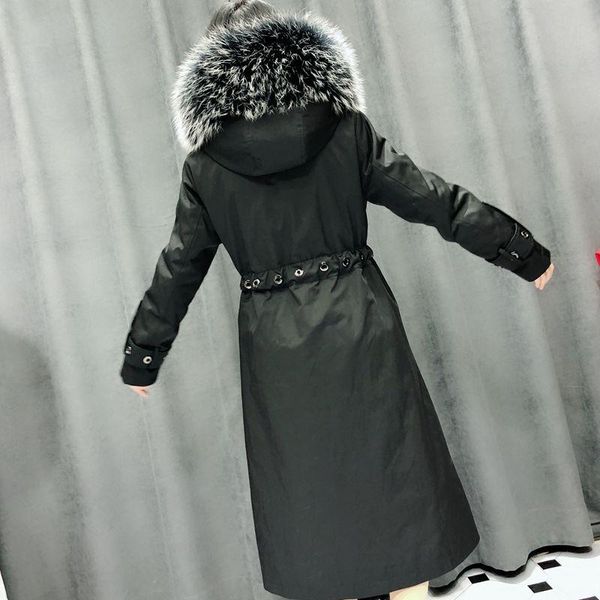 Piel de mujer Faux Mujeres Parka Albornoces Real Mink Liner Abrigo con cuello de mapache Mujer Ropa exterior larga Chaqueta con capucha desmontable