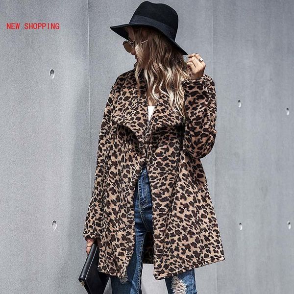 Femmes fourrure Faux femmes en peluche Teddy manteau automne hiver léopard manteaux revers moelleux longue veste femme épais chaud