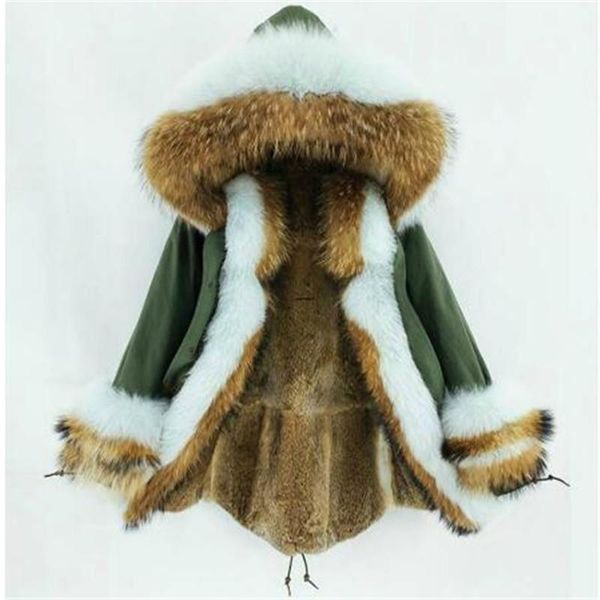 Abrigo auténtico de piel sintética para mujer, chaqueta de invierno con forro 2023, cuello, capucha, puños, Parka larga gruesa, mapache Natural cálido