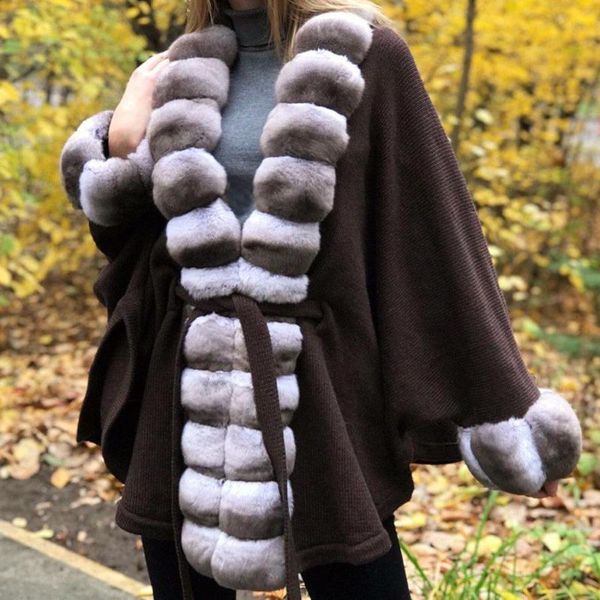 Femmes fausse fourrure femmes pull avec Rex garniture mi-long Cardigan Poncho 2023 automne mode chauve-souris Type manteau