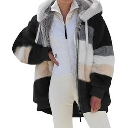 Fourrure pour femmes Faux femmes manteau d'hiver chaud Patchwork fermeture éclair poche couture à capuche manches longues Cardigan fourrure mince dame polaire veste 231205