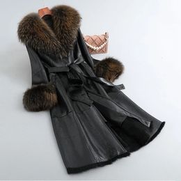 Manteaux d'hiver en fausse fourrure pour femmes, avec col de raton laveur véritable, veste en cuir véritable de lapin et de peau, manchette longue, vêtements d'extérieur minces 231124