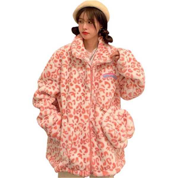 Abrigos de piel sintética para mujer para invierno leopardo suelto de talla grande chaquetas de lana Polar para mujer bolsillos de manga larga ropa de mujer cálida