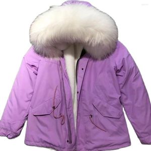 Parka morada clara de piel para mujer, abrigo impermeable con forro sintético blanco, prenda corta para mujer, chaqueta Adorable para niñas