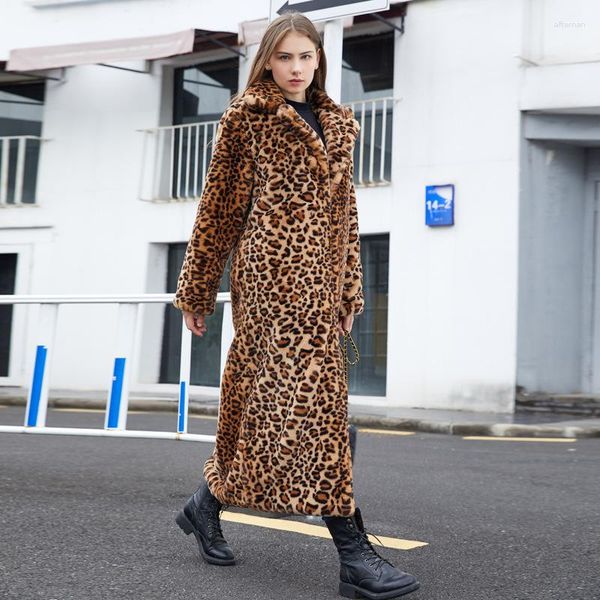 Fuente de comercio exterior de pieles para mujeres: abrigo de cuello de traje súper largo con patrón de leopardo de imitación europeo y americano