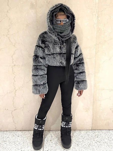 Femmes Fourrure Recadrée Faux Manteaux Vestes Femmes Fluffy Top Coat À Capuche Droite Courte Veste D'hiver Mode Zip Hoody Streetwear