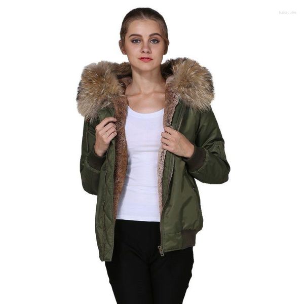 Femmes fourrure vert Bomber tenue décontracté Mme hiver coupe-vent épaisseur naturel raton laveur sweats à capuche veste de vol haute qualité Faux