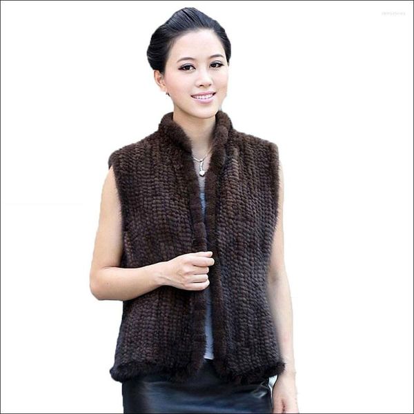 Colete de pele feminina tricotado à mão em vison real moda casual roupas genuínas casacos naturais quentes de inverno