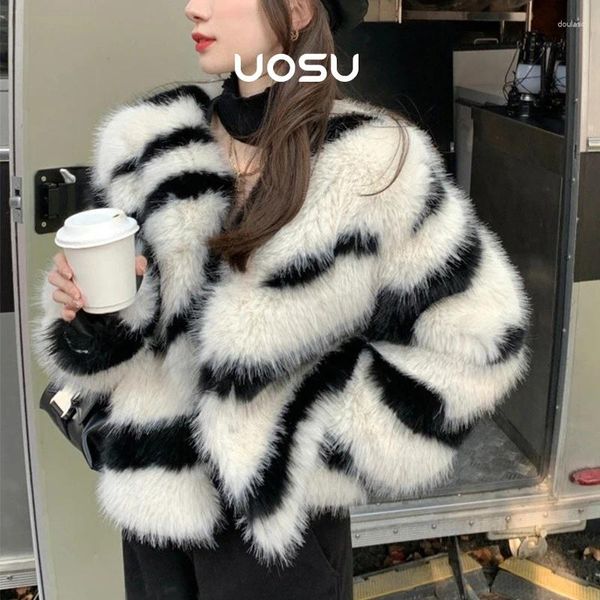 Manteau zèbre pelucheux en fourrure pour femmes, Harajuku Street Chic pour filles, mode décontractée, fausse veste d'hiver épaisse et chaude pour femmes