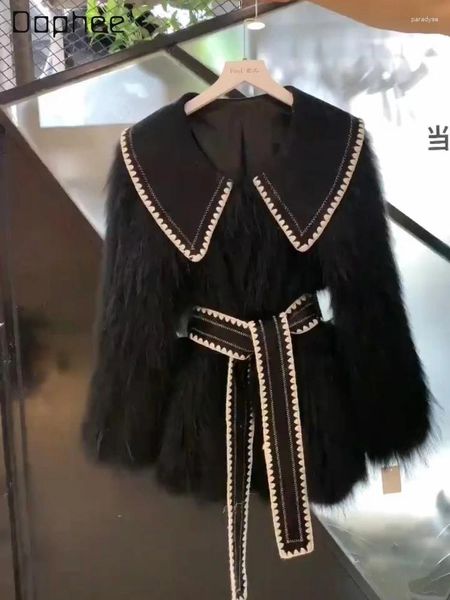 Abrigo con cordones y cuello de muñeca de alta calidad para mujer, chaqueta peluda negra elegante holgada de manga larga para otoño e invierno