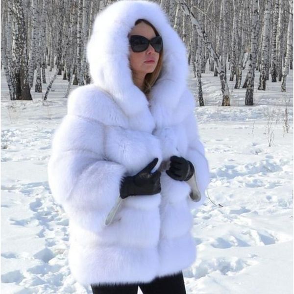 Fourrure Femme haute qualité fourrure argent Faux manteaux et vestes femmes Manteau moelleux à capuche épais chaud hiver veste Manteau Femme