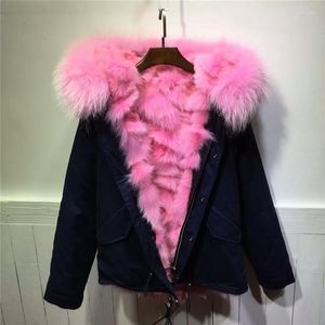 Damesbont Hoge kwaliteit roze grote wasbeerkraag Uitloper Dikke pijpen binnenjas Dames Winter Echte kapmantel