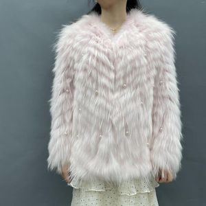 Manteau Long en fourrure de raton laveur pour femme, de haute qualité, chaud, tricoté, avec pompon en perles, décoration d'hiver