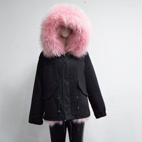 Veste à capuche en fourrure de raton laveur pour femme, Parka rose épais et chaud de haute qualité, vêtements d'extérieur d'hiver