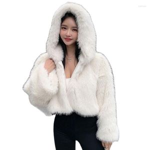Faux manteau court à capuche en fourrure pour femmes, vestes d'hiver blanches pour vêtements d'extérieur, Cardigan en peluche, vêtements moelleux, 2023