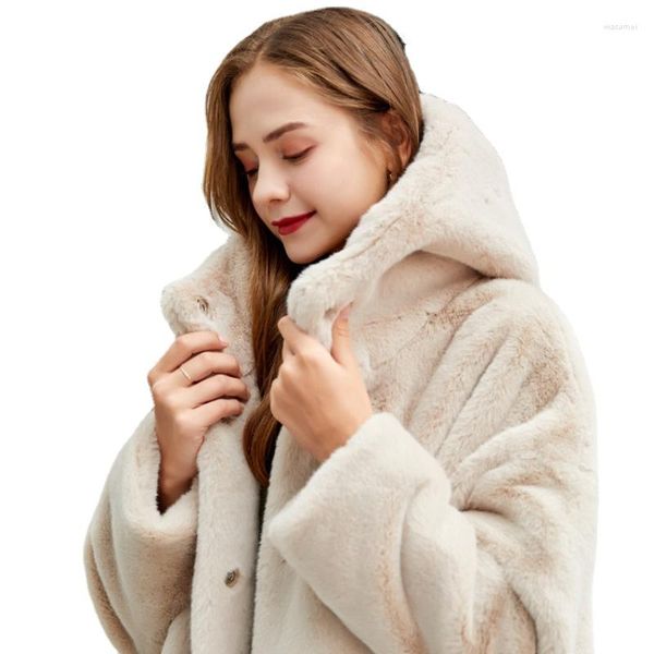 Vestes d'hiver à capuche en fourrure pour femmes, vêtements d'extérieur longs, Faux manteau chaud, veste moelleuse rose pour dames, 2023