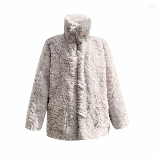 Vestes d'hiver à boutons en corne de fourrure pour femmes, vêtements d'extérieur, Faux manteau à col roulé, veste en peluche, pardessus moelleux, 2023