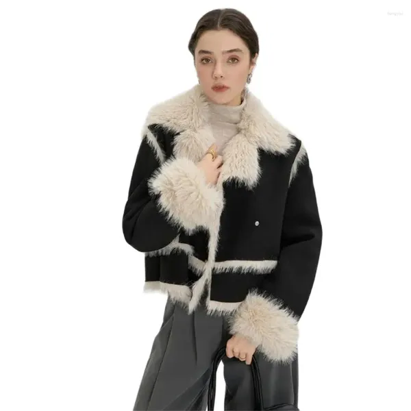 Manteau court à col en peau de mouton pour femme, doublure en Imitation de fourrure, vente sur Internet, Style de célébrité, hiver, cuir véritable