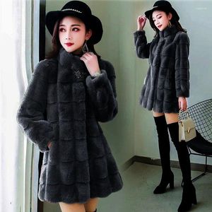 Manteau à col debout en fausse fourrure de vison pour femme, mi-long, Version coréenne, chaleur d'hiver, manches épaisses, mode, coupe cintrée