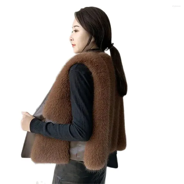 Chaleco de piel de imitación de visón para mujer, chaqueta cálida sin mangas, abrigo corto cosido de piel de oveja para invierno