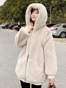 Manteau à capuche en fausse fourrure pour femme, vêtement mi-long, décontracté, ample, épais, en peluche, veste, automne-hiver, 2024