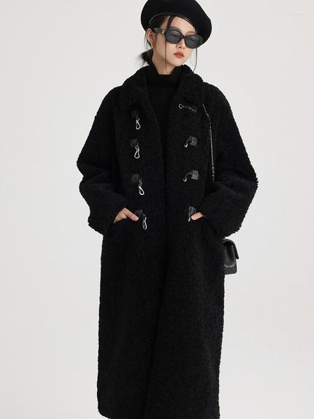 Intégration de fourrure pour femmes Long manteau noir 2023 veste d'hiver fausses vestes femmes agneau en peluche Vintage chaud Teddy pardessus