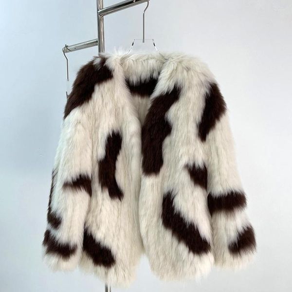 Chaqueta de piel trenzada para mujer, abrigo de pelo peludo de Color de vaca esponjoso de lujo, abrigo cálido a la moda para invierno y otoño 2023