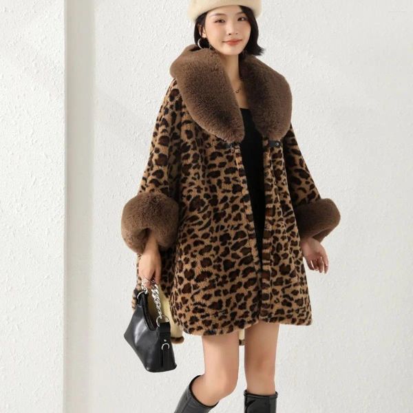 Veste d'hiver en fourrure pour femmes, ample, motif léopard, col, châle, peluche, manteau épais, Style chauve-souris