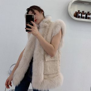 Dames bont Koreaanse mode dames echte kraag Tweed Wool Vest Brand Design Slim Winter Outerwear Manteau Femme ZO20