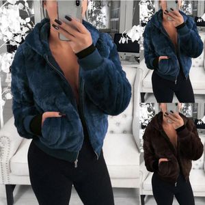 Dames bont dames bovenkleding lente winter koude losse kap vaste kleur faux jas pocket zipper warme lange mouwen jas hoodie