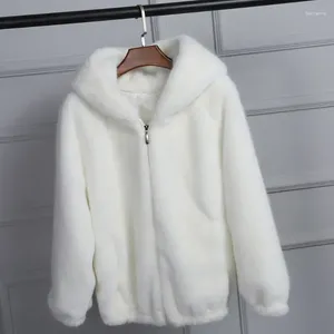 Veste à capuche artificielle en fourrure pour femme, manteau doux, Imitation blanc, gris, rose, Faux manteau d'hiver en vison, 2024