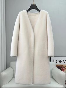 Manteau en fourrure d'agneau pour femmes, polaire de mouton granulaire 2023 et col en v mi-long intégré, manteau pour jeunes pour femmes