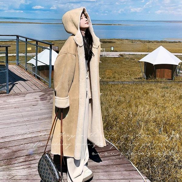 Abrigo grueso y de felpa con pelo de cordero para mujer, abrigo largo de invierno, versión coreana, gamuza integrada holgada de alta calidad, 2023