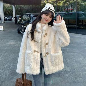 Manteau en laine d'agneau pour femme, fausse veste coréenne mignonne, couleur unie, boutons en corne, Parkas, automne et hiver 2023