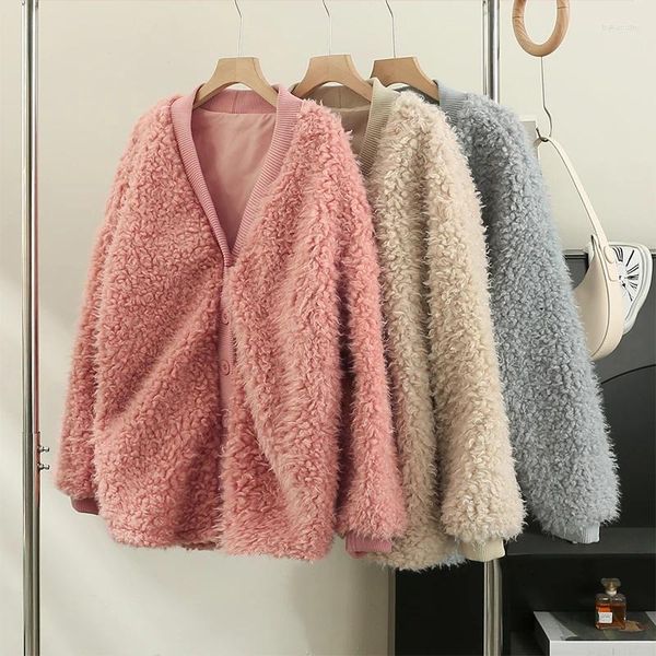 Abrigo de lana de cordero para mujer, cárdigan holgado de longitud media para otoño e invierno, chaqueta acolchada de algodón gruesa y esponjosa