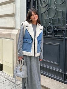 Gilet en peluche en laine d'agneau pour femme, veste sans manches, épais, rétro, Double face, en coton, tissu Denim, Patchwork, gilets pour femmes