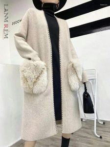 LANMREM – manteau mi-long haut de gamme en fourrure pour femme, col en V, poches épissées, vêtements Design de luxe, mode hiver 24467